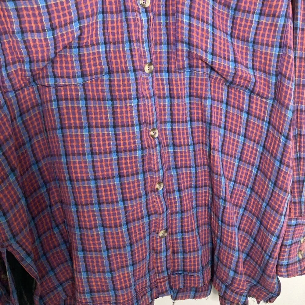 New Free People Oversized Bohemian Grunge Cardiff Plaid Swing Top Shirt Small